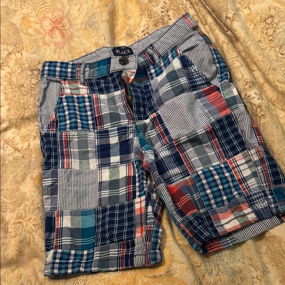 Boys Children’s Place adjustable waste, Madras Blue Plaid Patchwork Shorts 10